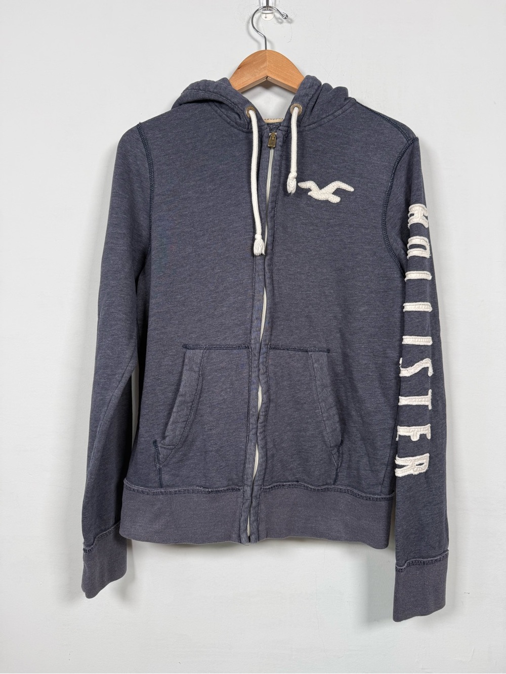 Hollister Men's Dark Navy Full-Zip Logo Hoodie, Size M, Great Condition